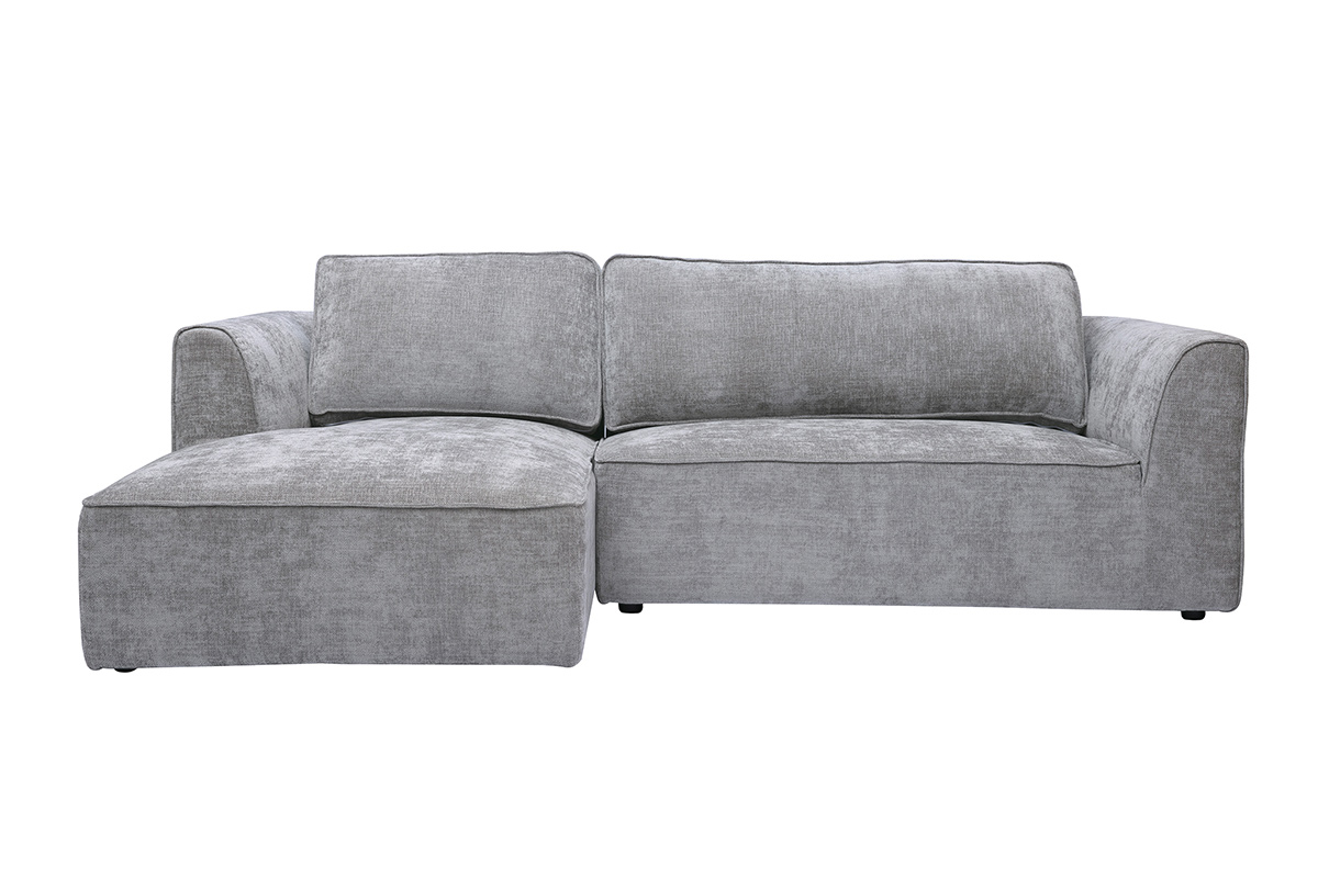 Canapé d'angle gauche design en tissu effet velours texturé gris 3 places GRAMMY