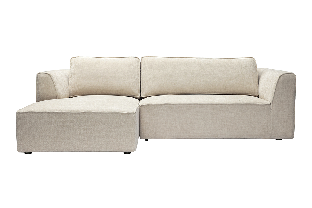 Canapé d'angle gauche design en tissu effet velours texturé beige 3 places GRAMMY