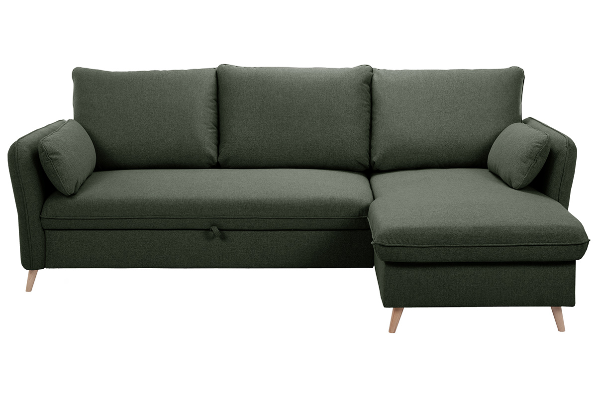 Canapé d'angle convertible réversible avec coffre 3-4 places en tissu vert kaki et bois clair DRISS