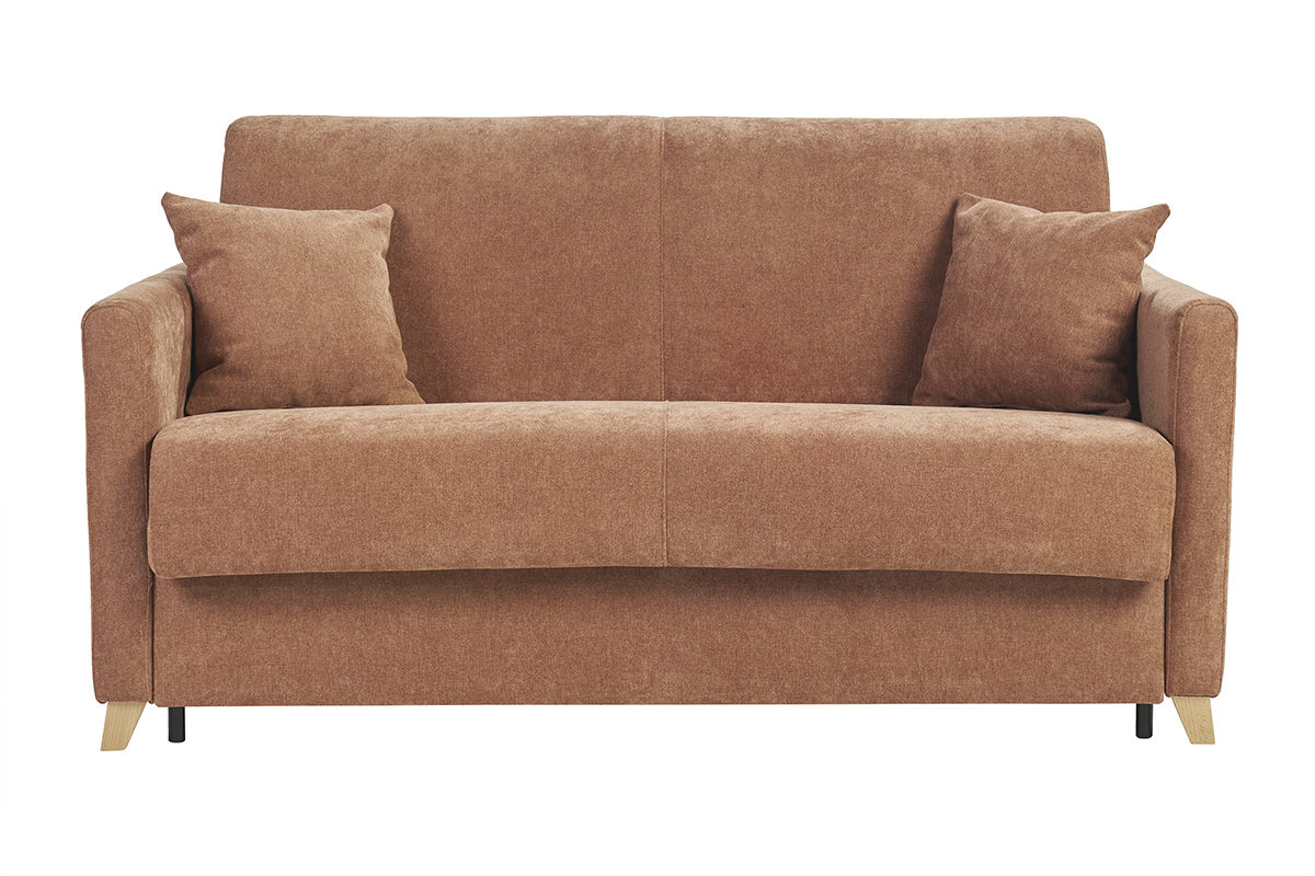Canapé convertible 3 places en tissu effet velours terre brûlée et bois clair avec matelas 18 cm SKANDY