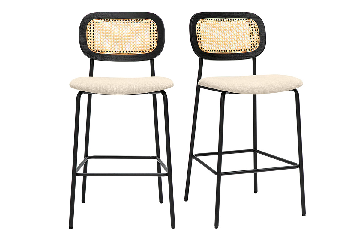Tabourets design en tissu effet velours texturé beige, métal noir et cannage rotin (lot de 2) MIRANDA
