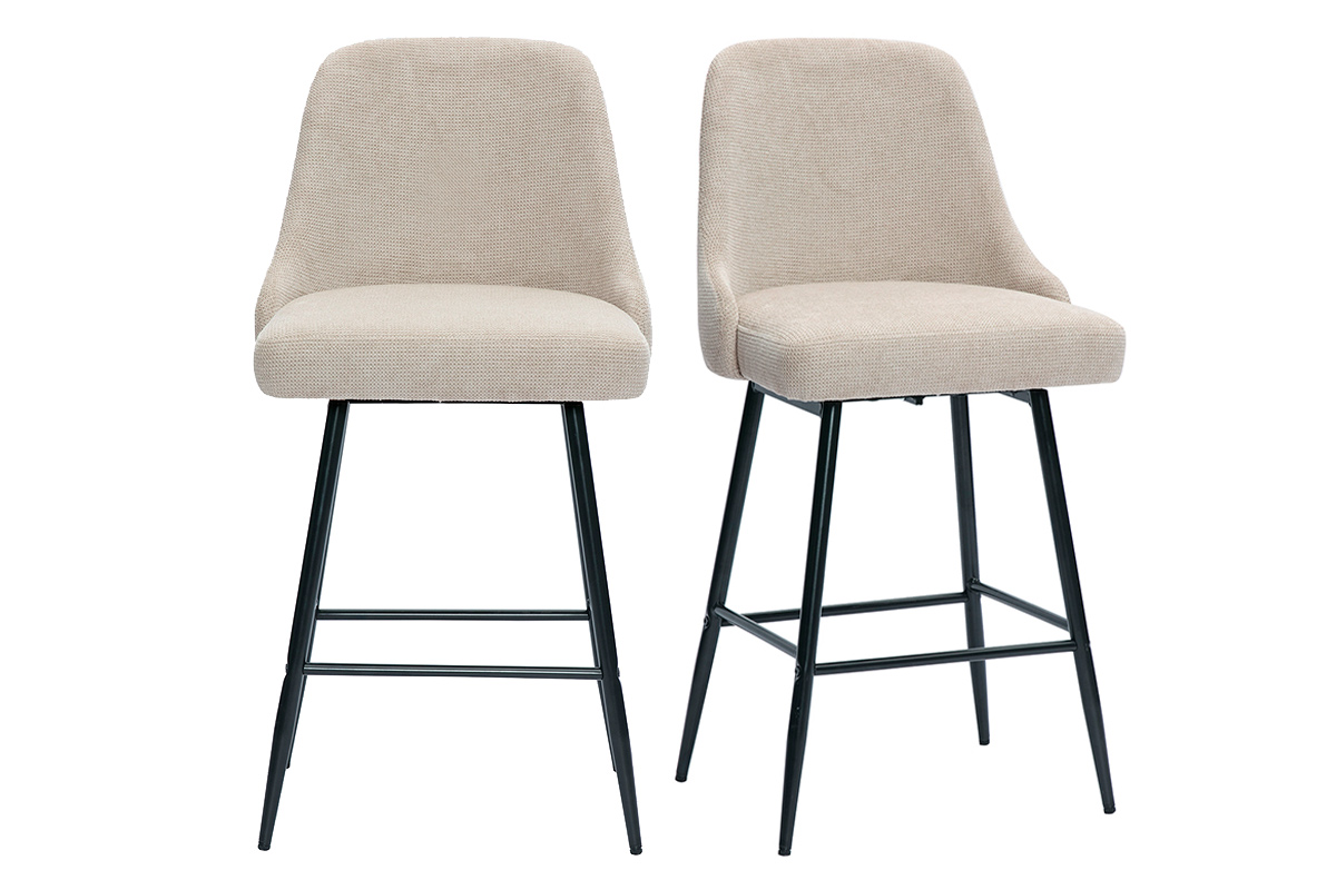 Tabourets de bar pivotants 360° en tissu chenille beige et métal H66 cm (lot de 2) HASTA