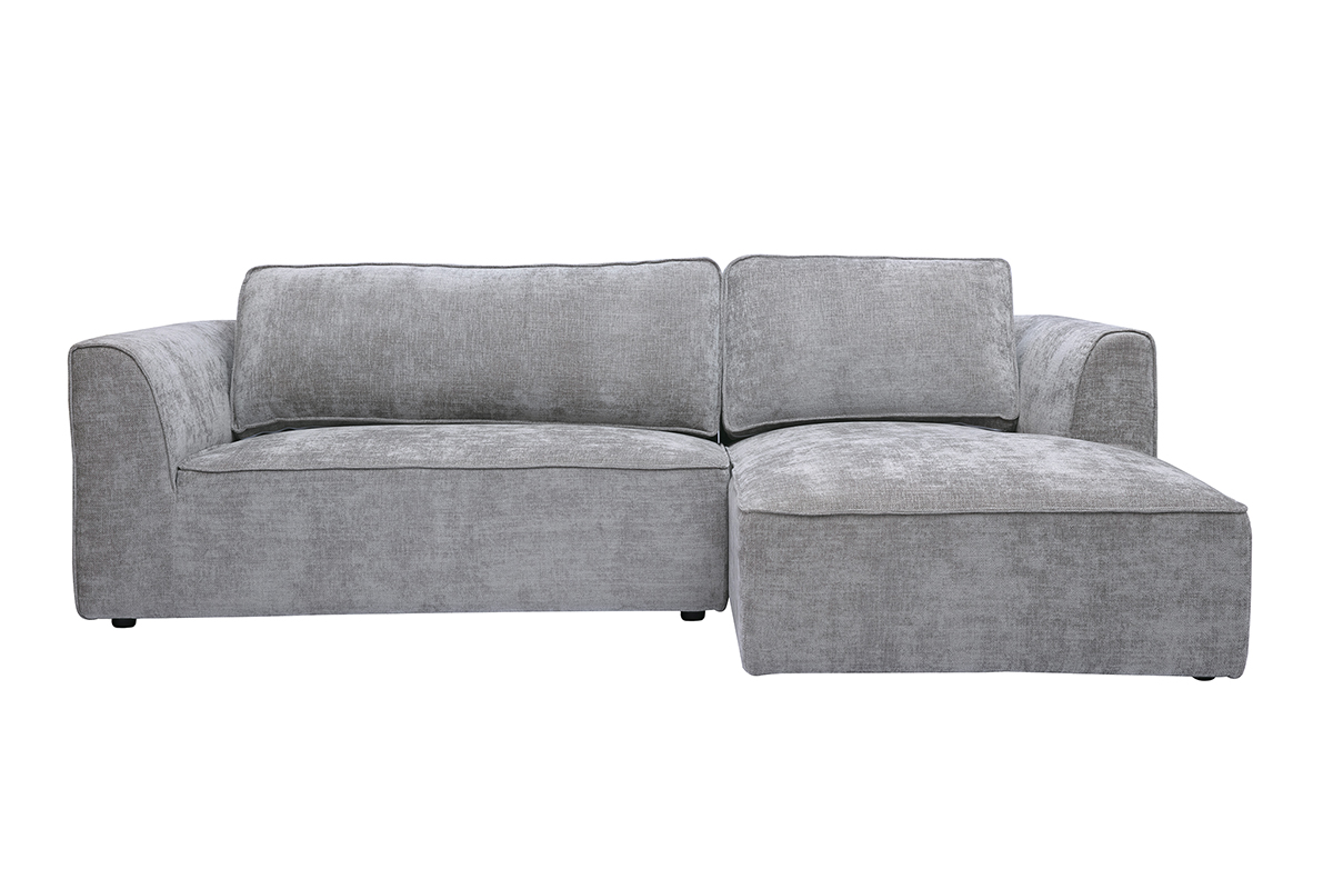 Canapé d'angle droit design en tissu effet velours texturé gris 3 places GRAMMY