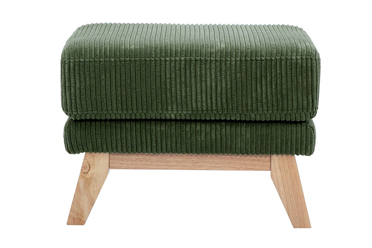 Pouf repose-pieds scandinave en tissu velours côtelé vert kaki et bois clair OSLO