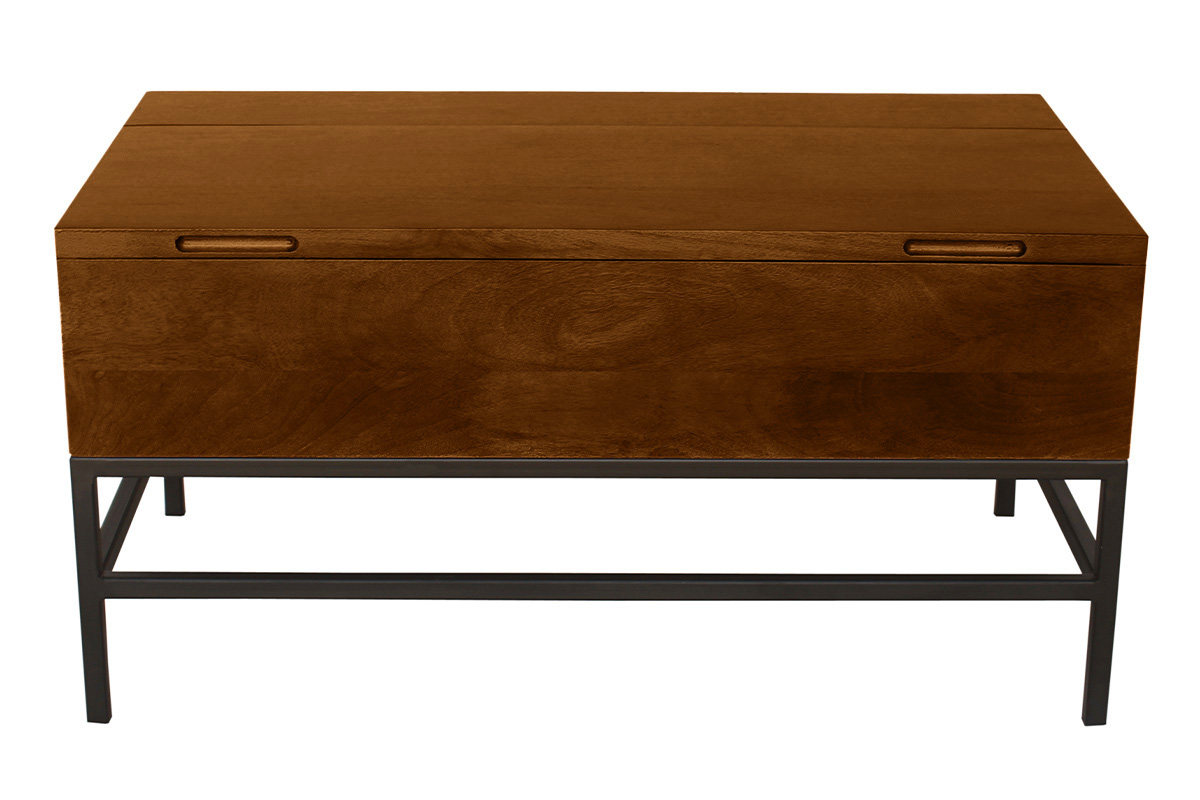 Table basse relevable industrielle bois manguier massif teinté et métal noir L90 cm YPSTER