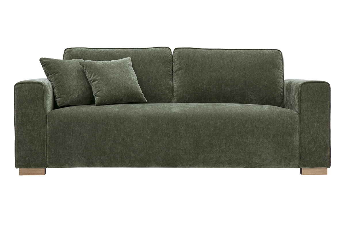 Canapé design 3 places en tissu effet velours vert kaki PEPPER