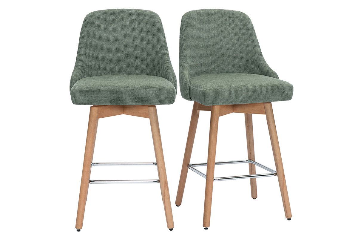 Tabourets de bar scandinaves pivotants 360° en tissu chenille vert kaki et bois hêtre massif H65 cm (lot de 2) HASTA