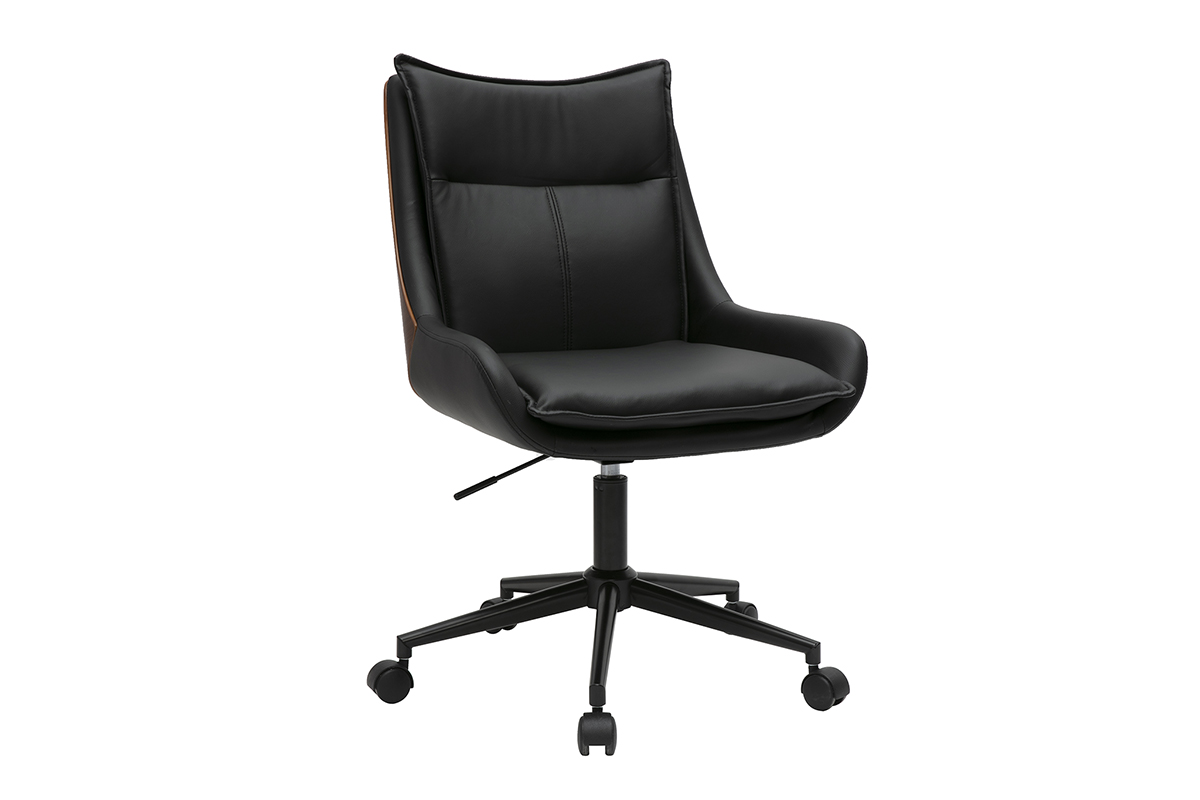Chaise de bureau à roulettes noire et bois foncé BLAISE