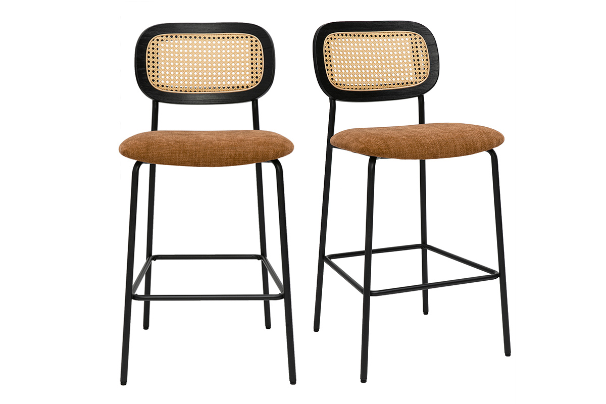 Tabourets design en tissu effet velours texturé terre brulée, métal noir et cannage rotin (lot de 2) MIRANDA