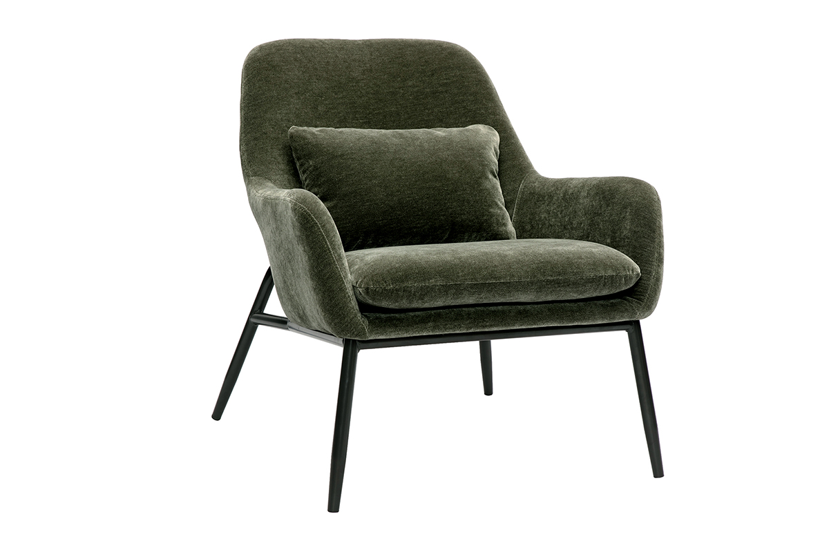 Fauteuil design en tissu effet velours vert kaki et métal noir MAXINE