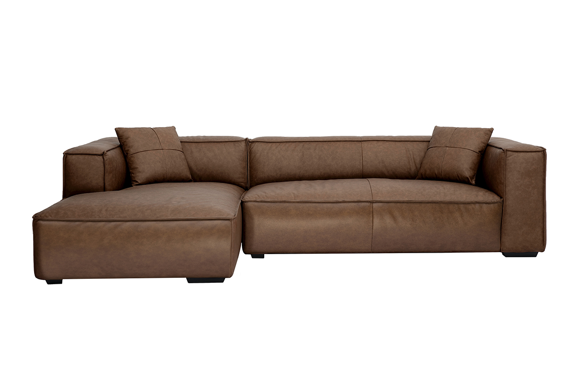Canapé d'angle gauche vintage 4-5 places en cuir marron et bois noir COBAIN