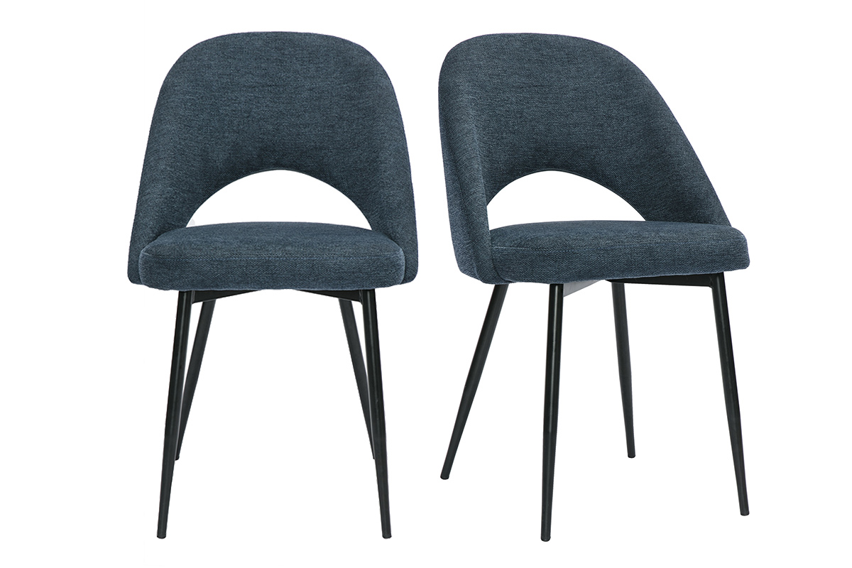 Chaises vintage en tissu effet velours texturé bleu foncé et métal noir (lot de 2) COSETTE