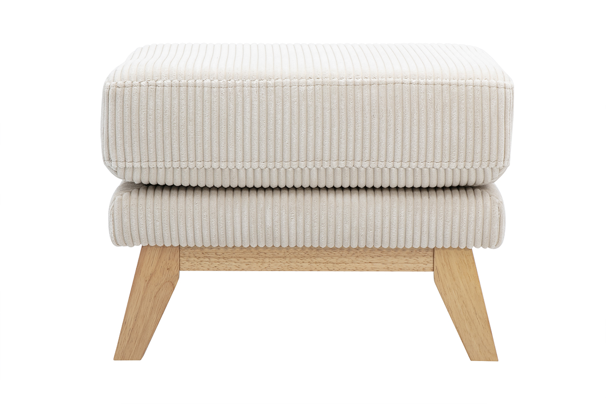 Pouf repose-pieds déhoussable scandinave en tissu velours côtelé beige et bois clair OSLO