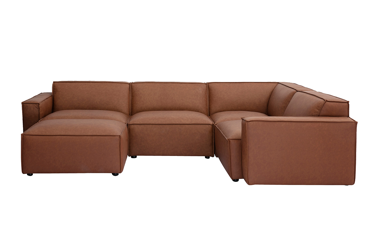 Canapé d'angle modulable vintage 5 places et pouf en cuir marron SPLIT