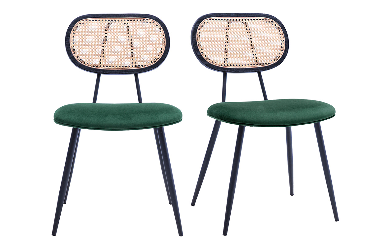 Chaises design en tissu velours vert foncé, métal noir et cannage rotin (lot de 2) SWANN