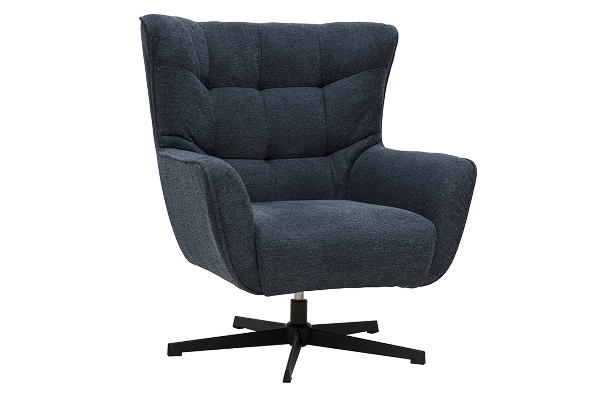 Fauteuil scandinave pivotant en tissu effet velours texturé bleu foncé et métal AVERY