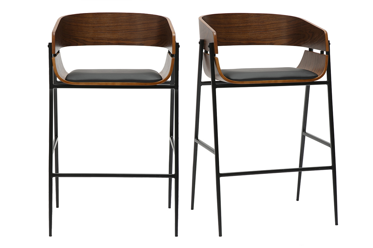 Tabourets de bar design bois foncé et métal noir (lot de 2) WESS