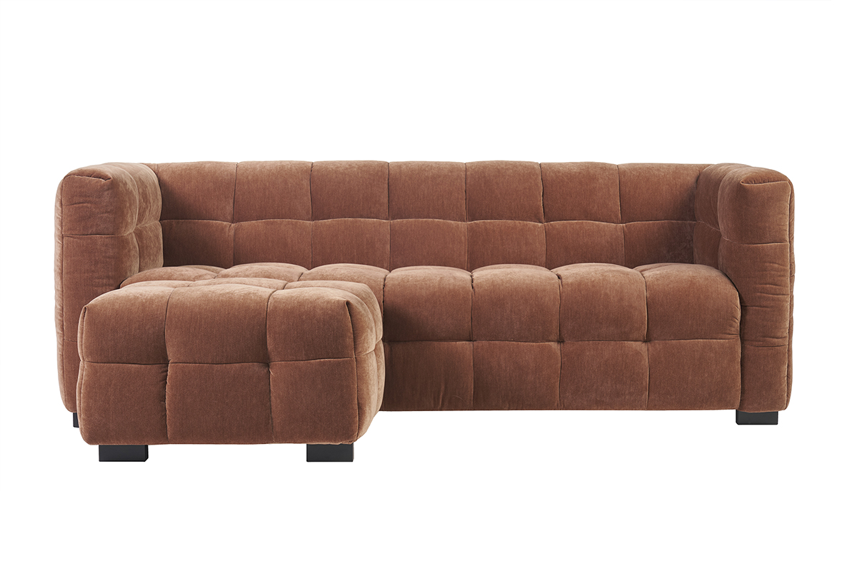 Canapé design 3 places et repose-pieds en tissu effet velours terre brûlée CORTO