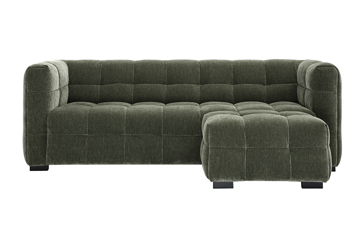 Canapé design 3 places et repose-pieds en tissu effet velours vert kaki CORTO