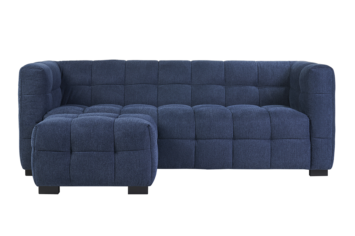 Canapé design 3 places et repose-pieds en tissu effet velours texturé bleu foncé CORTO