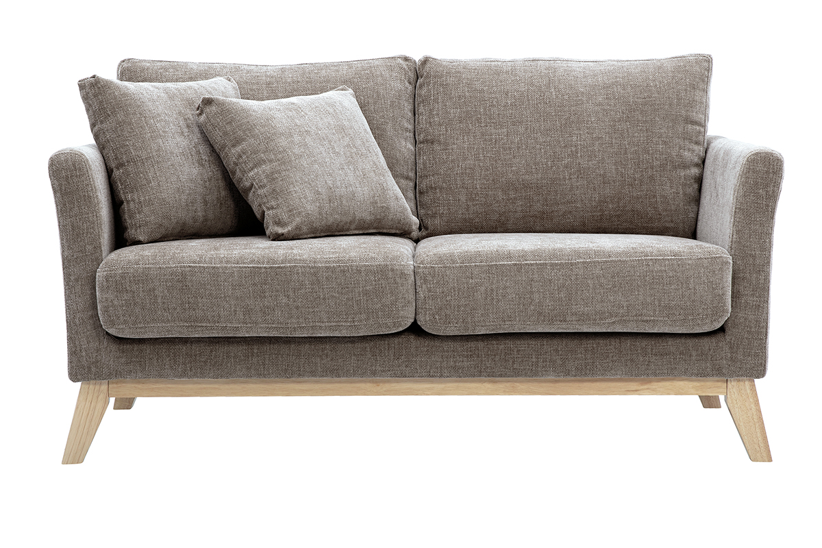 Canapé scandinave déhoussable 2 places en tissu effet velours texturé taupe et bois clair OSLO