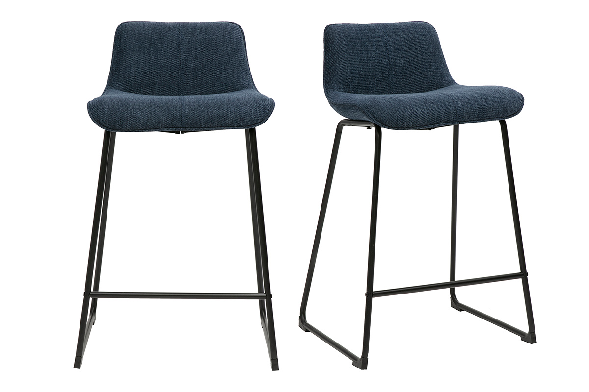 Tabourets de bar en tissu effet velours texturé bleu foncé et métal H65 cm (lot de 2) BOOST