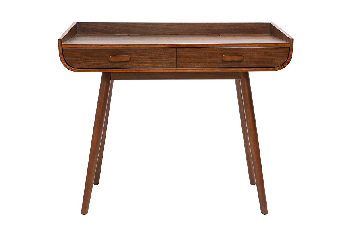 Bureau scandinave bois foncé avec rangements 2 tiroirs L100 cm HALLEN