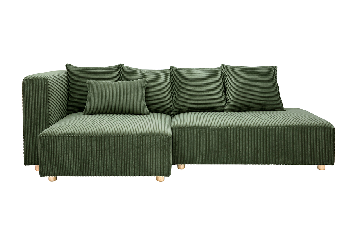 Canapé d'angle gauche 3 places en tissu velours côtelé vert kaki et bois clair HARLEM