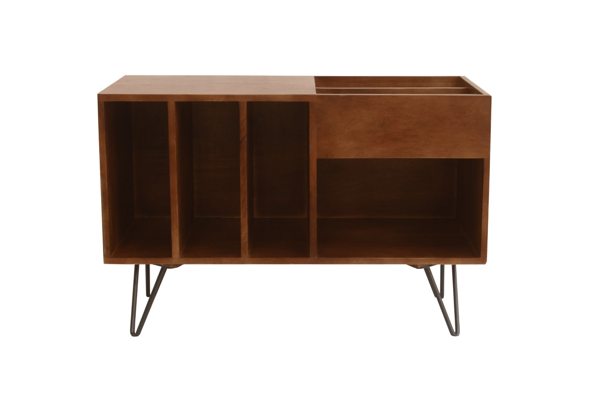 Buffet de rangement vinyles en bois manguier massif teinté et métal L90 cm BOOGIE