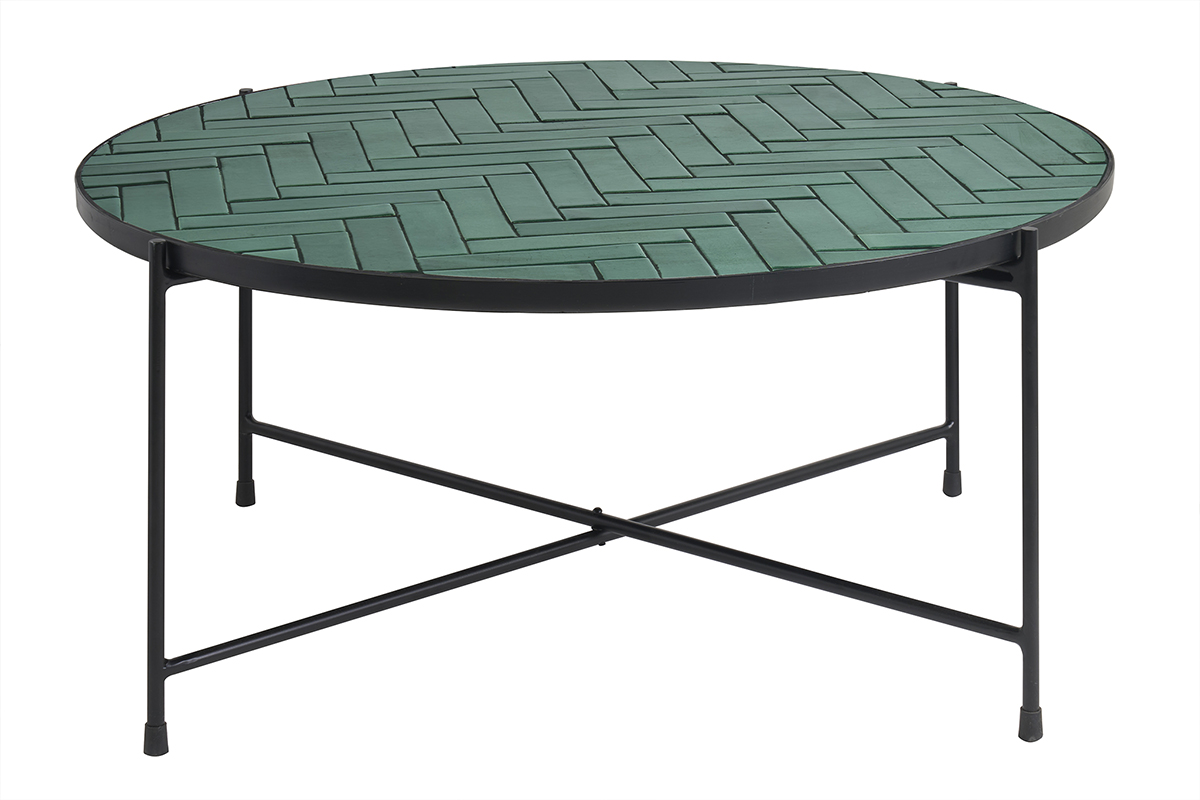 Mesa baja redonda de cerámica verde oscuro y metal negro D80.5 cm KOTTA