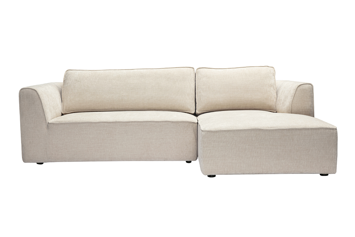 Canapé d'angle droit design en tissu effet velours texturé beige 3 places GRAMMY