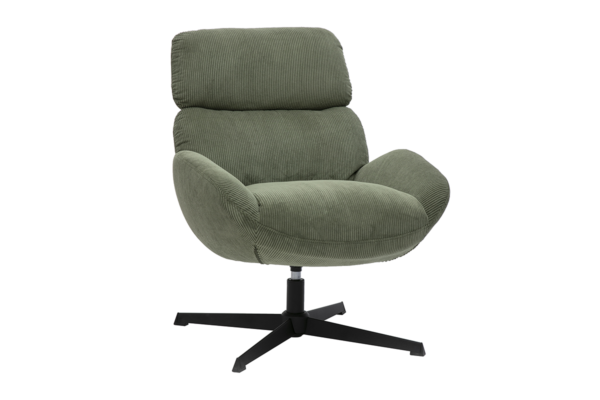 Fauteuil pivotant en tissu velours côtelé vert kaki et métal noir KLEM