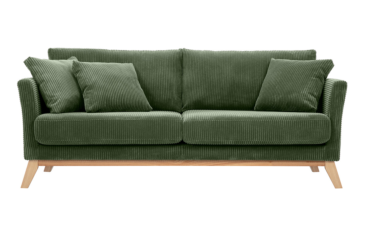 Canapé scandinave déhoussable 3 places en tissu velours côtelé vert kaki et bois clair OSLO