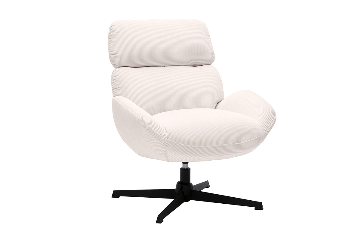 Fauteuil pivotant en tissu velours côtelé écru et métal noir KLEM