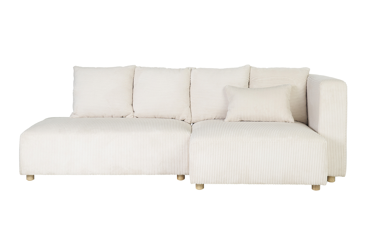 Canapé d'angle droit 3 places en tissu velours côtelé beige et bois clair HARLEM