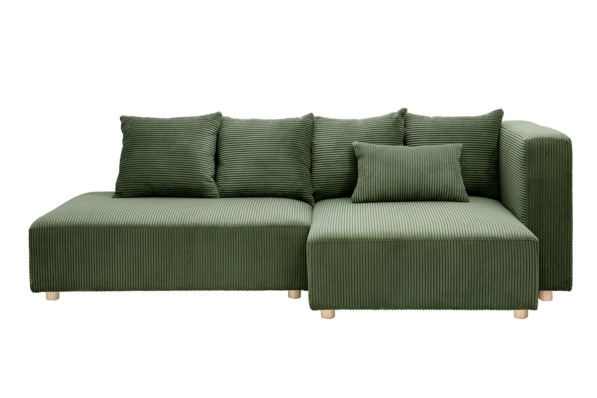 Canapé d'angle droit 3 places en tissu velours côtelé vert kaki et bois clair HARLEM