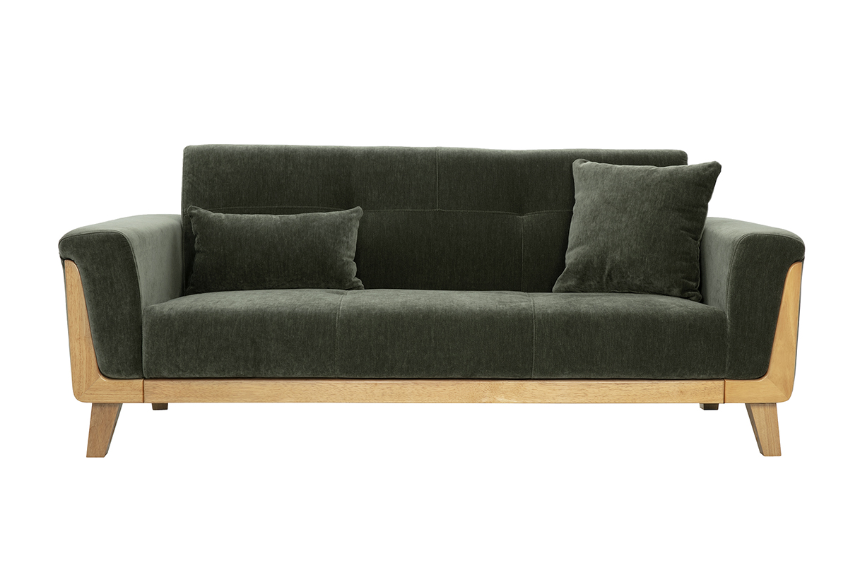 Canapé scandinave 3 places en tissu effet velours vert kaki et bois clair FJORD