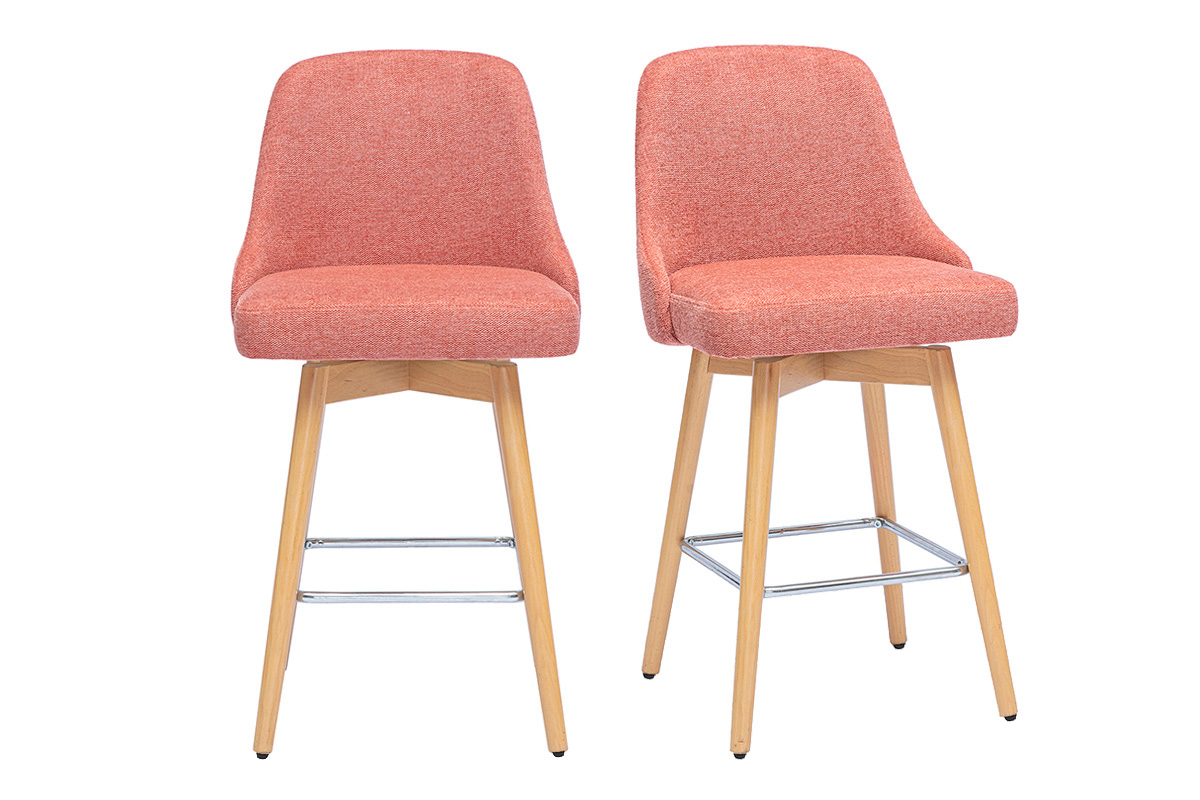 Tabourets de bar scandinaves pivotants 360° en tissu effet velours texturé terracotta et bois hêtre massif H65 cm (lot de 2) HASTA