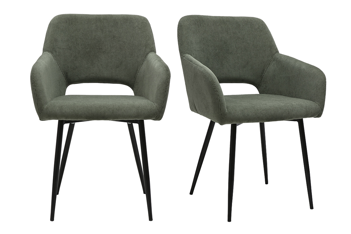 Chaises en tissu velours côtelé vert kaki et métal noir (lot de 2) LAURETTE