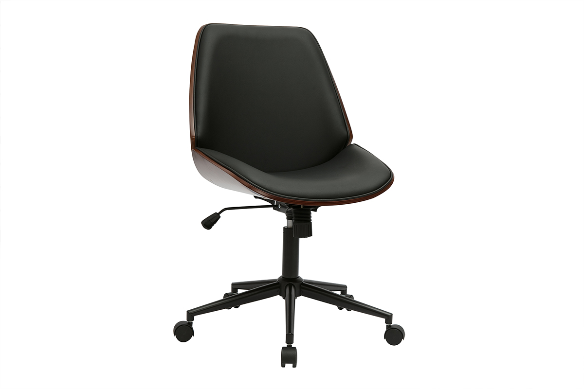 Chaise de bureau à roulettes noire et bois foncé DOUGLAS