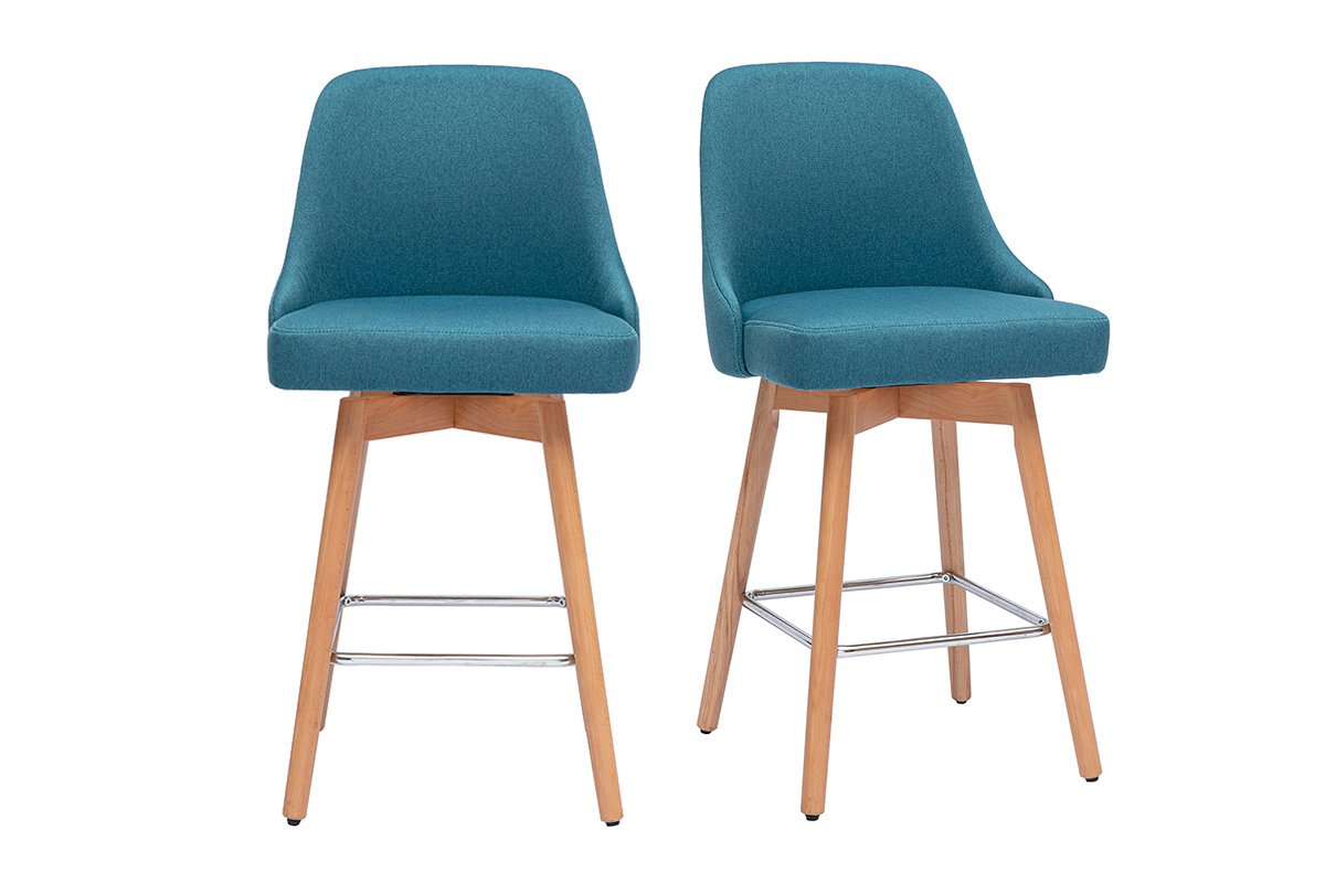 Tabourets de bar scandinaves pivotants 360° en tissu bleu canard et bois hêtre massif H65 cm (lot de 2) HASTA