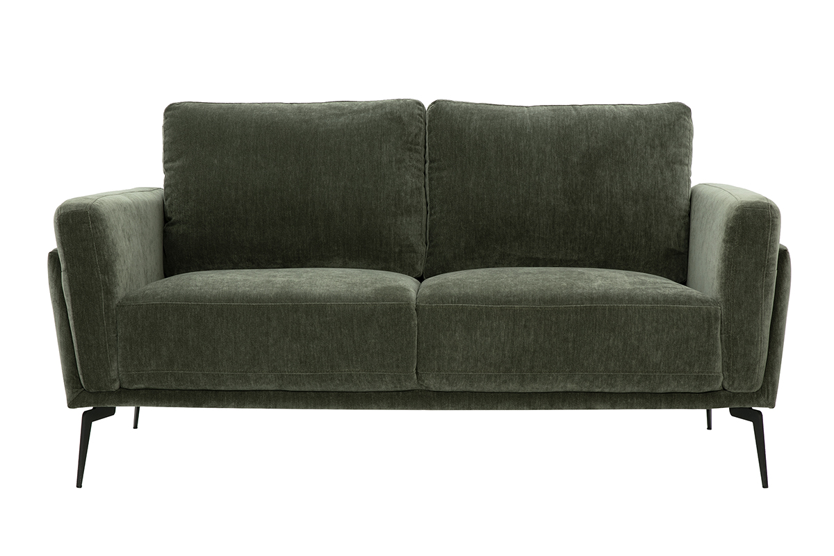 Canapé design 2 places en tissu effet velours vert kaki et métal noir MOSCO
