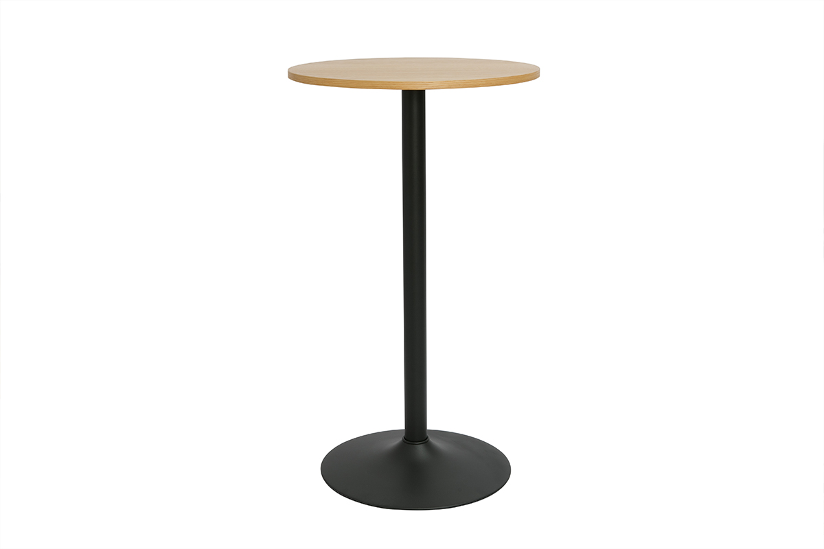 Table haute design ronde en bois clair chêne et métal noir D60 cm CALISTA