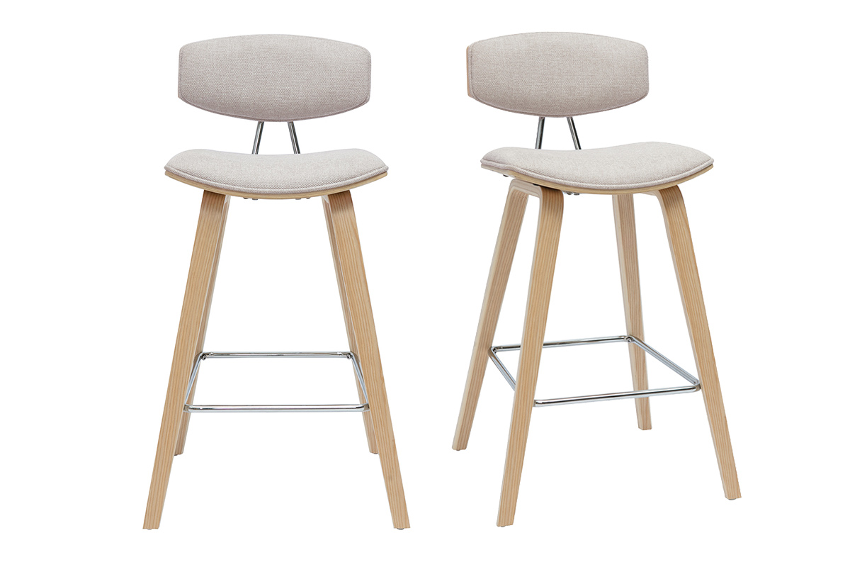 Tabourets de bar design en tissu effet velours texturé beige et bois clair H69 cm (lot de 2) VASCO