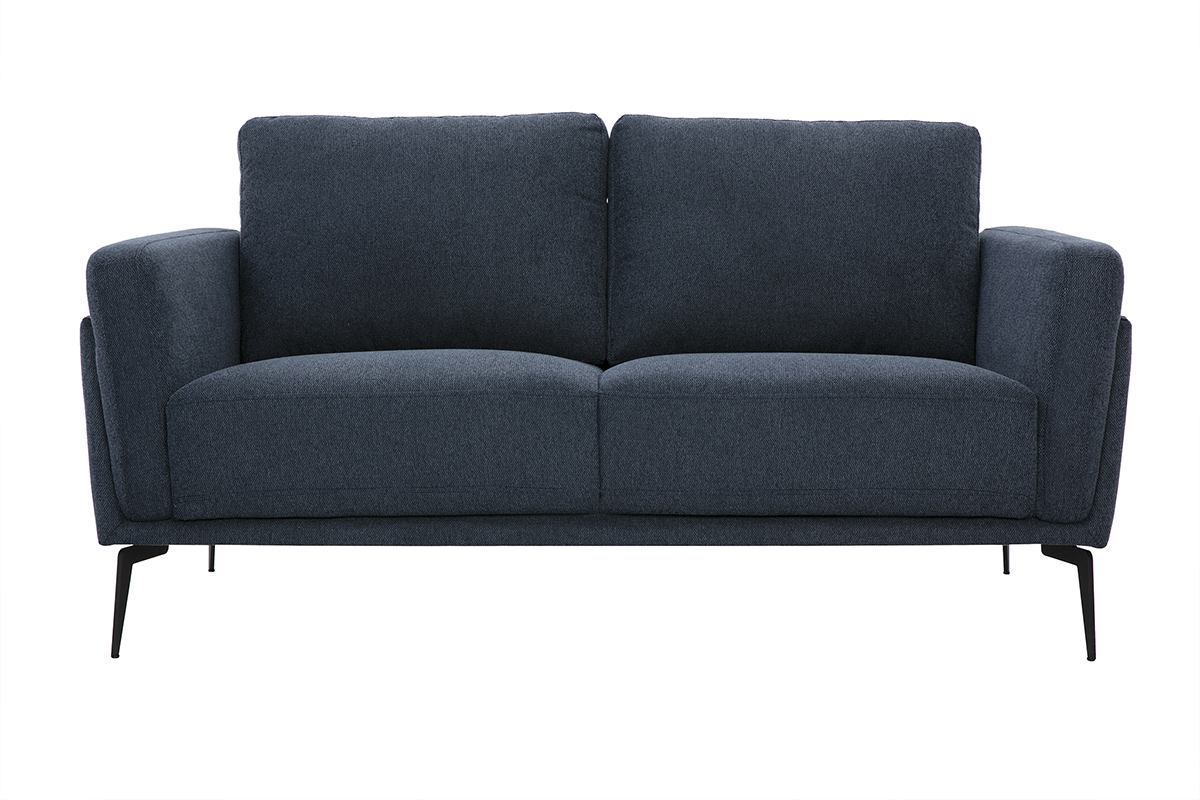 Canapé design 2 places en tissu effet velours texturé bleu foncé et métal noir MOSCO