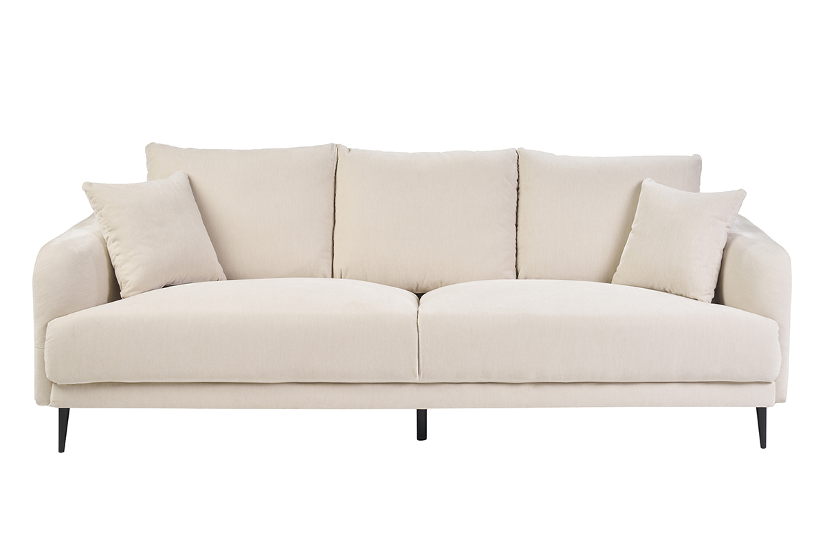 Canapé design 3 places en tissu effet velours beige et métal noir JERRY