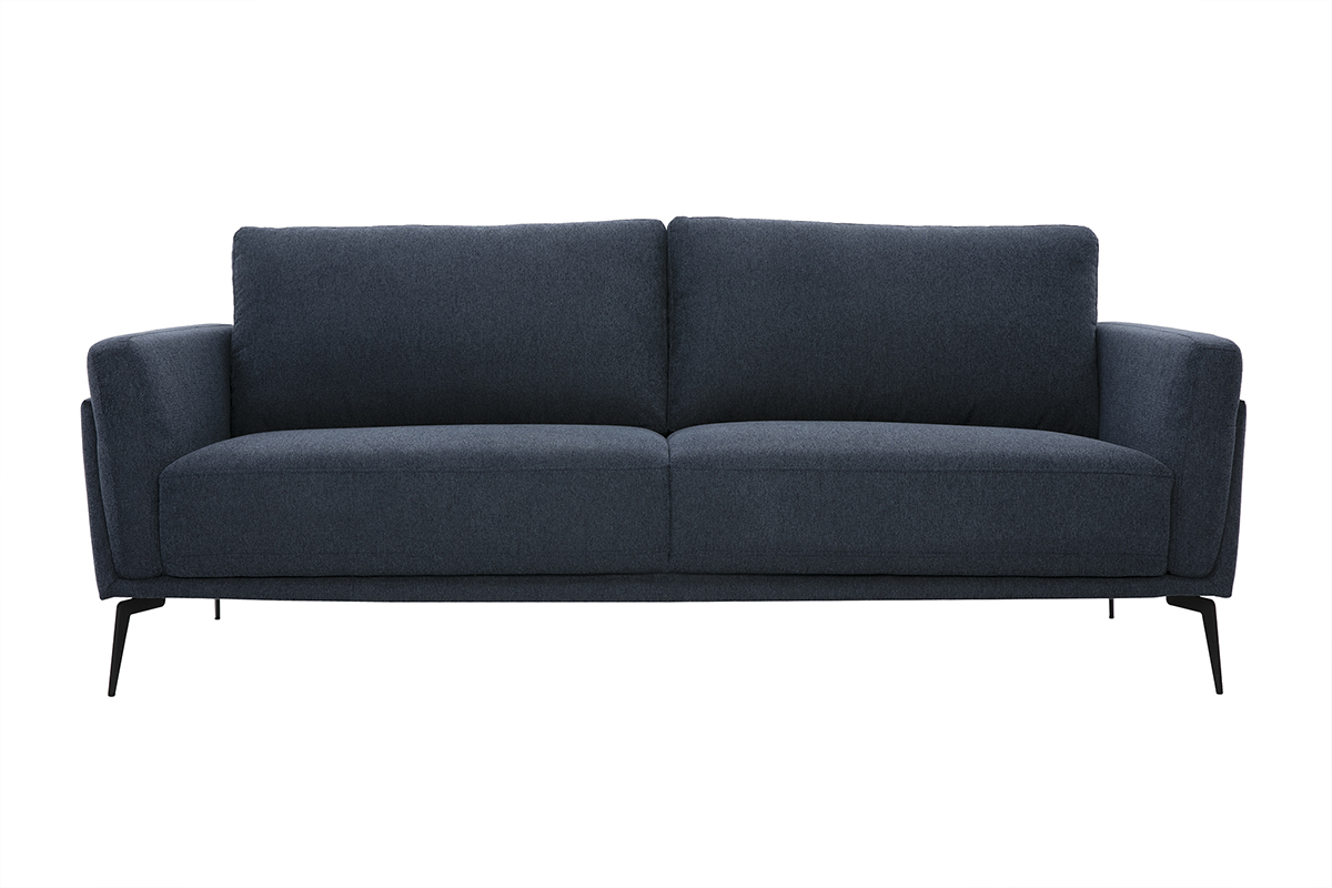 Canapé design 3 places en tissu effet velours texturé bleu foncé et métal noir MOSCO