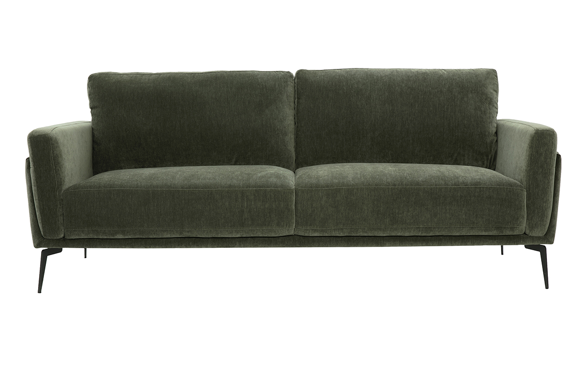 Canapé design 3 places en tissu effet velours vert kaki et métal noir MOSCO