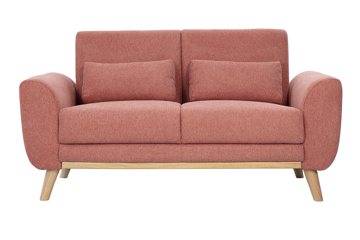 Canapé scandinave 2 places en tissu effet velours texturé terracotta et bois clair EKTOR