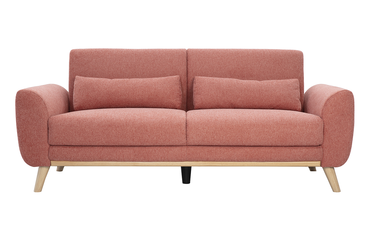 Sofá escandinavo de 3 plazas en tela efecto terciopelo texturizado terracota y madera clara EKTOR